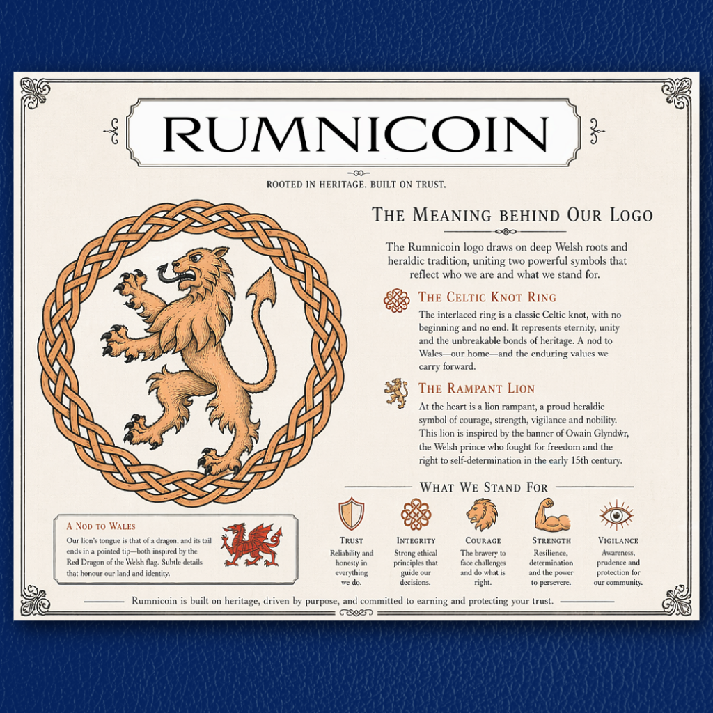 Rumnicoin logo explanation featuring a rampant lion inside a Celtic knot ring, with notes on Welsh heritage, trust, integrity, courage, strength and vigilance.