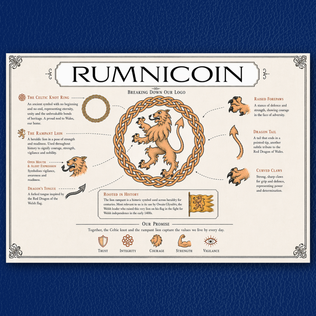 Detailed breakdown of the Rumnicoin logo, showing the Celtic knot ring, rampant lion, dragon tongue, dragon tail, raised forepaws and curved claws.