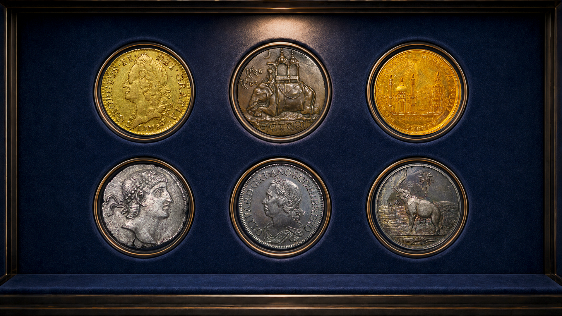 RC Homepage Hero image 18 Jun 26 - 2 Curated historic coins displayed in a sapphire velvet Rumnicoin-style cabinet